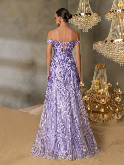 Luxury Lilac Sequin A-Line Evening Dress Off-Shoulder LA73261 - SERENE HILL