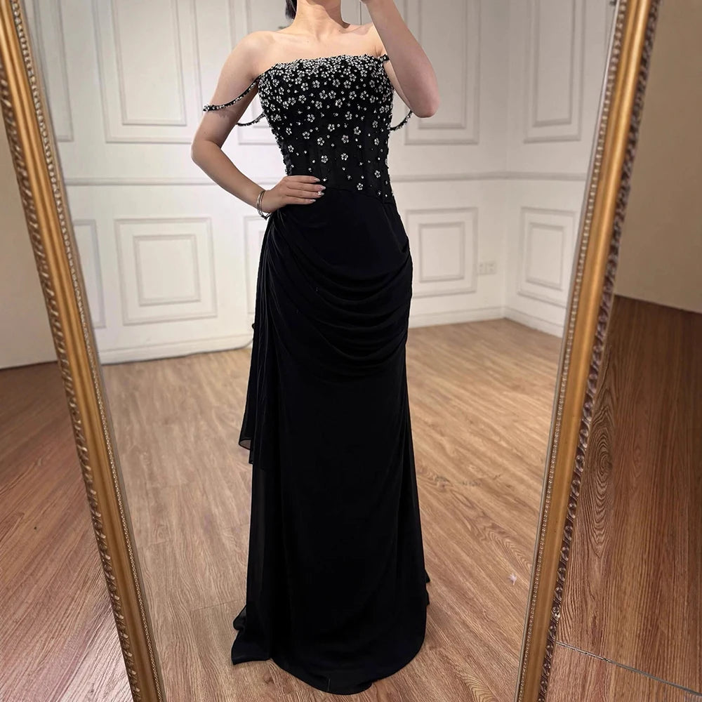Luxury Black Beaded Mermaid Prom Dress with Spaghetti Straps LA73047 - SERENE HILL