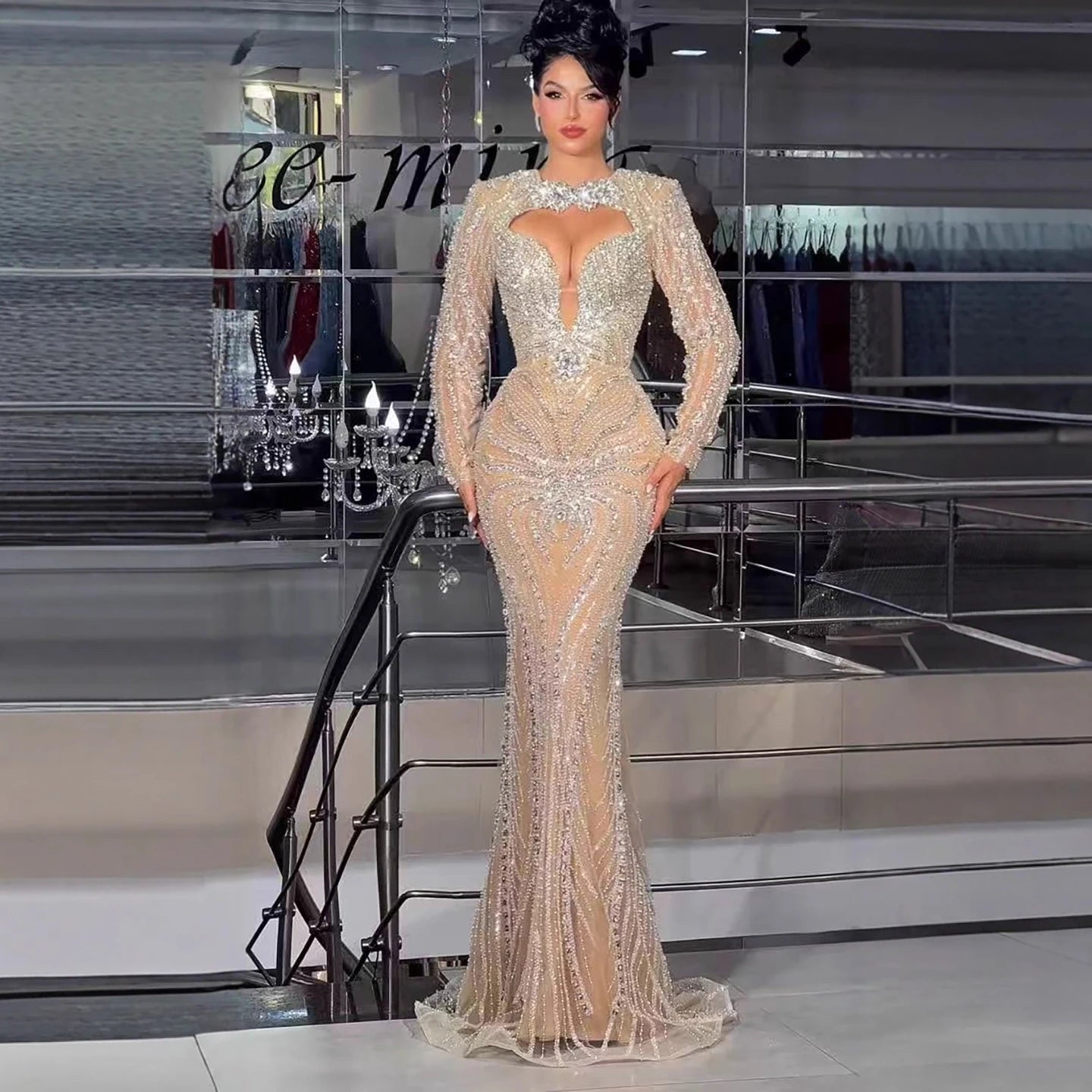 Luxury Nude Crystal Beaded Long Sleeve Mermaid Evening Dress LA73412 - SERENE HILL