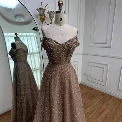 Caramel Off Shoulder A-Line Arabic Evening Dress LA72147B - SERENE HILL