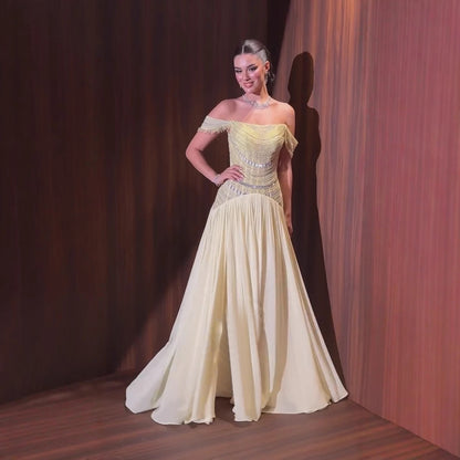 Luxury Evening Dress Yellow Off Shoulder Beaded A-Line Gown LA73350 - SERENE HILL