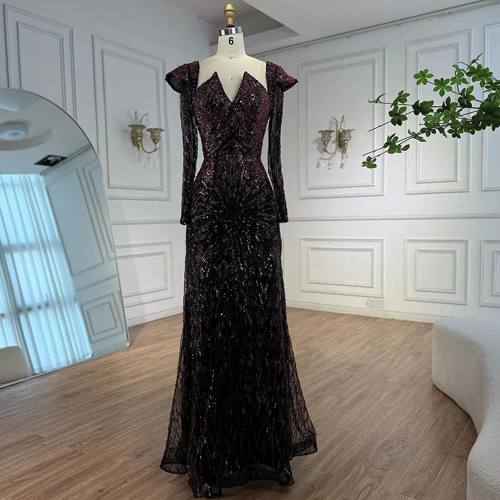 Luxury Wine Red Sequined Long Sleeve Evening Dress LA73126 - SERENE HILL