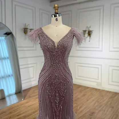 Luxury Designer Pink Feather Beaded Mermaid Evening Dress LA73098 - SERENE HILL