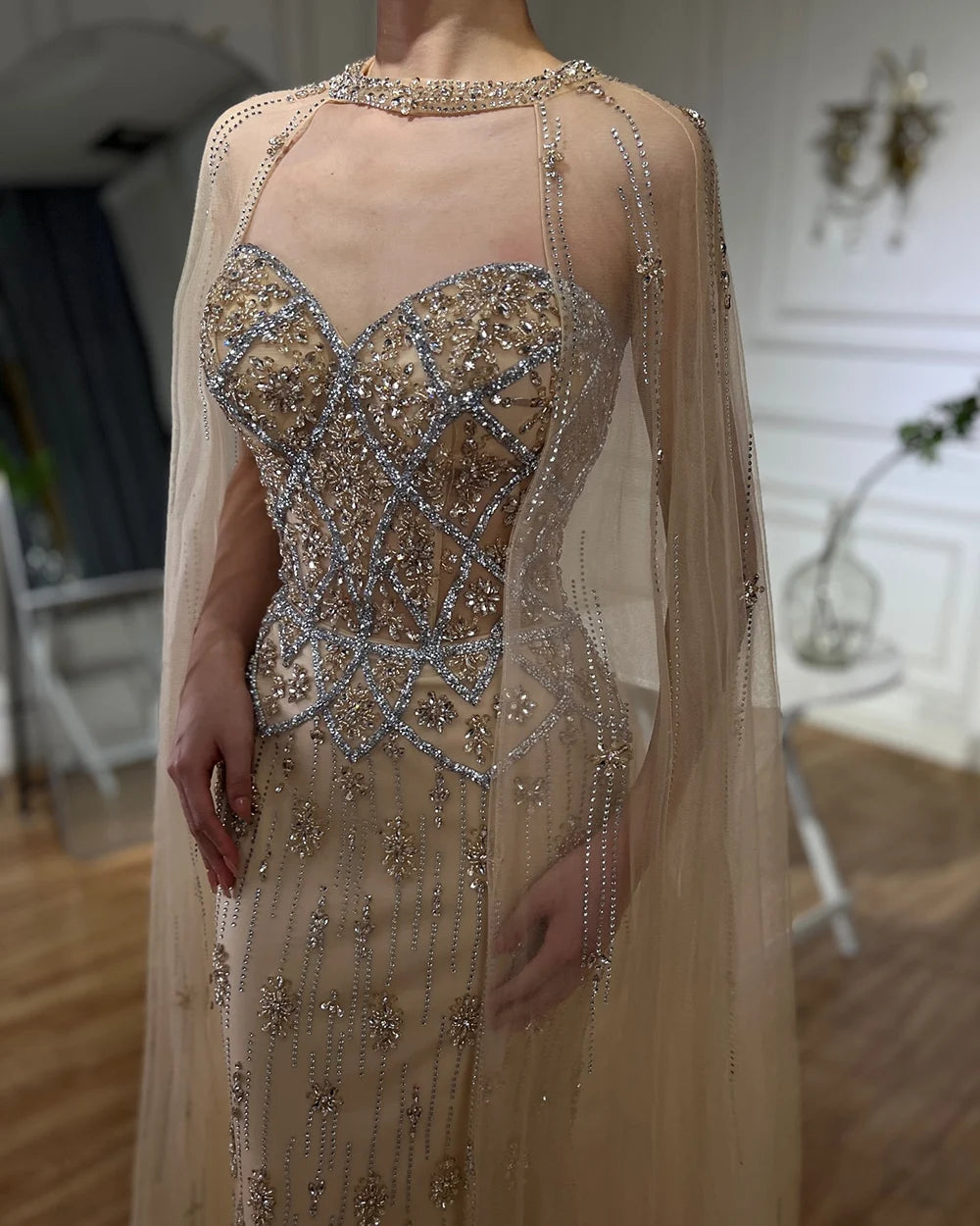 Luxury Dubai Nude Saudi Evening Gown Mermaid Detachable Cape Sleeves Luxury Beaded Dress for Formal Occasion LA72716 - SERENE HILL