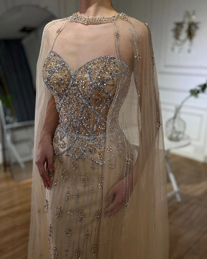 Luxury Dubai Nude Saudi Evening Gown Mermaid Detachable Cape Sleeves Luxury Beaded Dress for Formal Occasion LA72716 - SERENE HILL