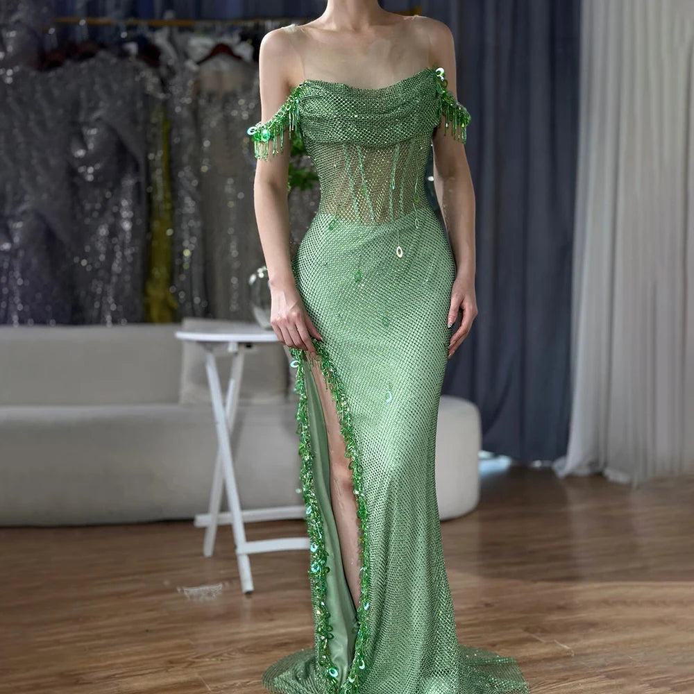 Serene Hill Arabic Green Crystal Tassel Saudi Evening Dresses Gowns High Split Prom Dress for Women Wedding Party 2025 LA72490 - SERENE HILL