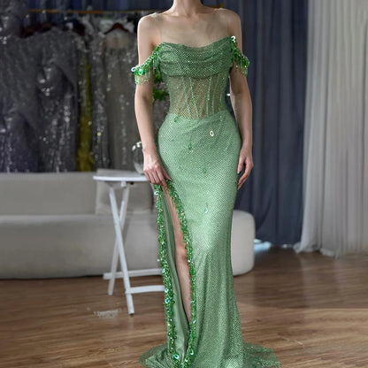 Serene Hill Arabic Green Crystal Tassel Saudi Evening Dresses Gowns High Split Prom Dress for Women Wedding Party 2025 LA72490 - SERENE HILL