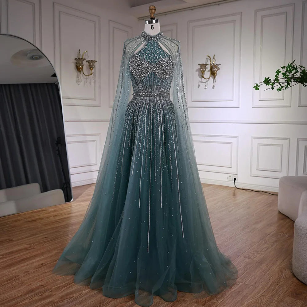 Luxury Beaded A-Line Evening Dress with Cape Sleeves LA73054 - SERENE HILL