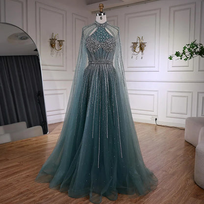 Luxury Beaded A-Line Evening Dress with Cape Sleeves LA73054 - SERENE HILL