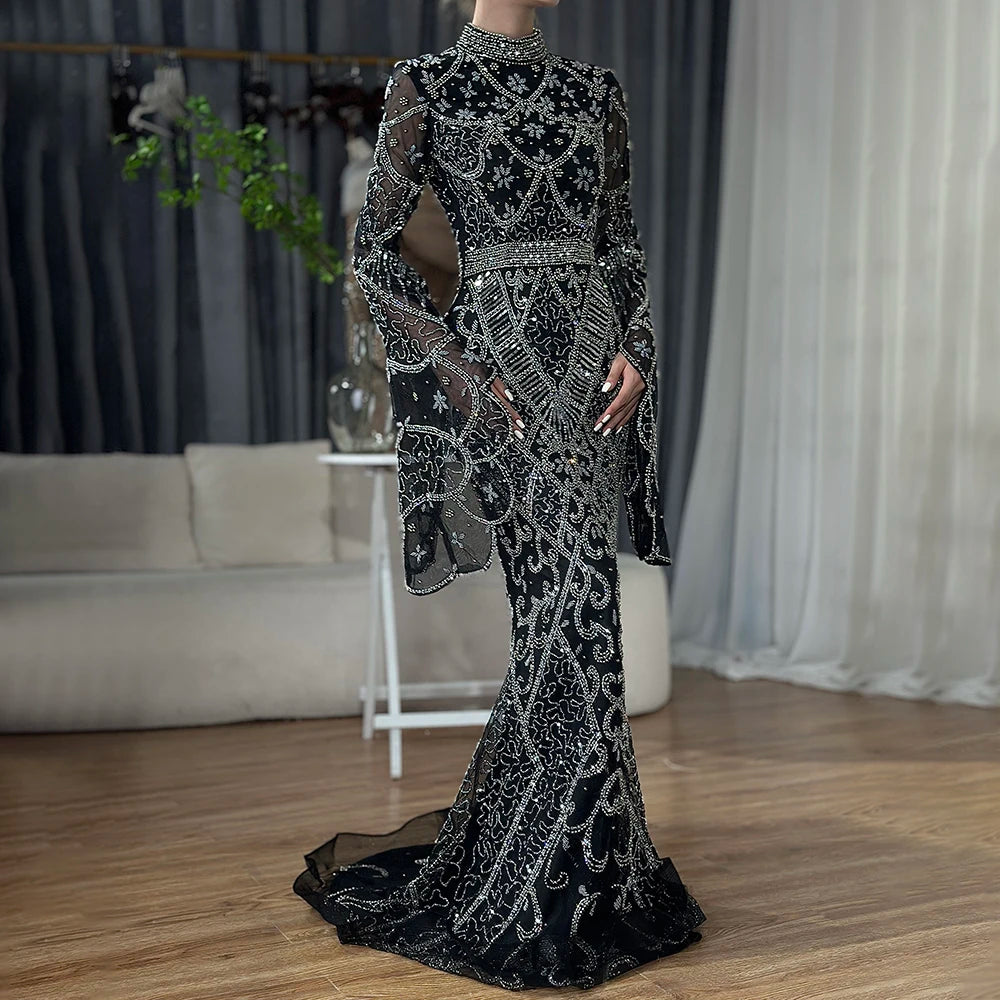 Muslim Grey Mermaid Long Sleeve Beaded Evening Dress LA72316 - SERENE HILL