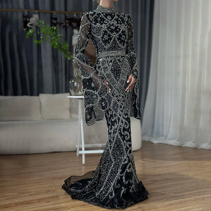 Muslim Grey Mermaid Long Sleeve Beaded Evening Dress LA72316 - SERENE HILL