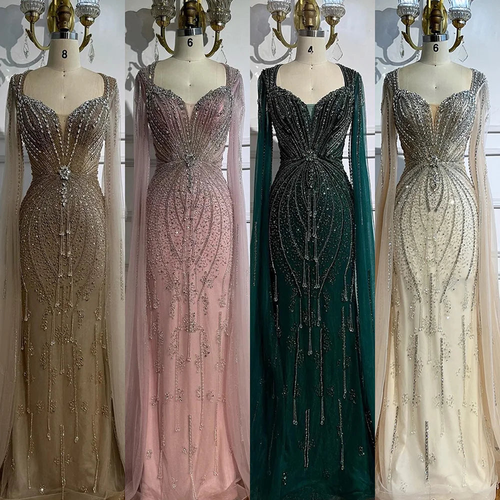 Luxury Designer Beige Beaded Evening Dress with Cape Sleeves LA72992 - SERENE HILL