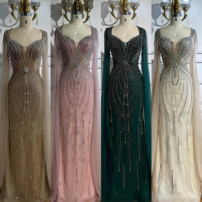 Luxury Designer Beige Beaded Evening Dress with Cape Sleeves LA72992 - SERENE HILL