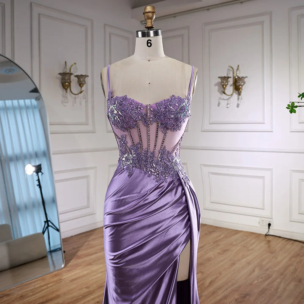 Luxury Mint Green Satin Beaded Prom Dress with Slit LA72995 - SERENE HILL