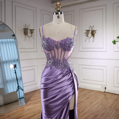 Luxury Mint Green Satin Beaded Prom Dress with Slit LA72995 - SERENE HILL