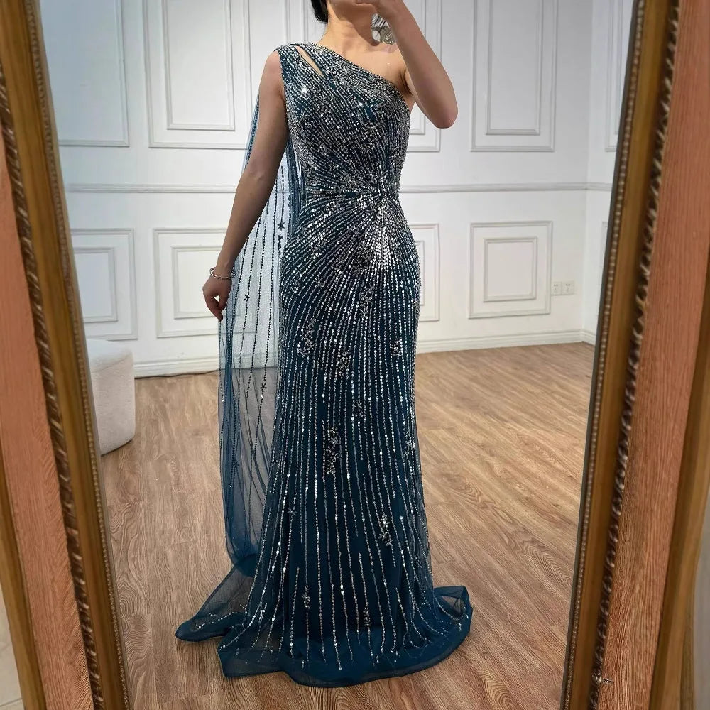Luxury Black One Shoulder Mermaid Evening Dress with High Slit LA72829 - SERENE HILL