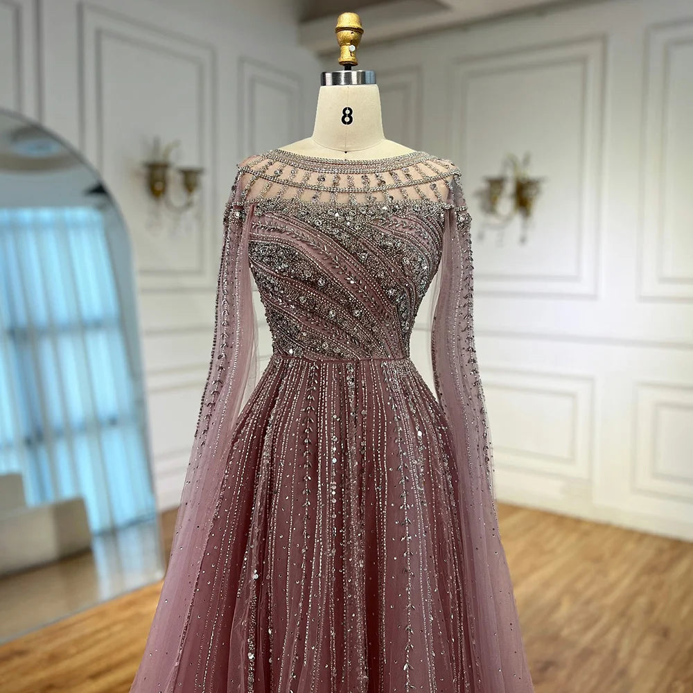 Luxury Caramel Beaded Evening Dress with Cape LA72994 - SERENE HILL