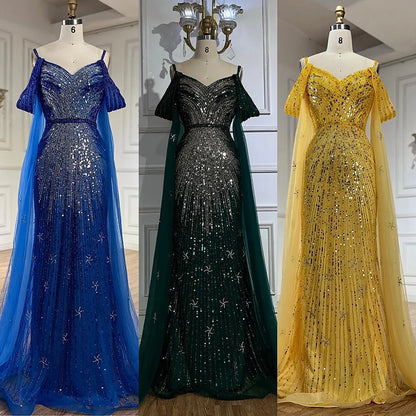 Serene Hill Spaghetti Strap Blue Mermaid Beaded Luxury Evening Dress with Cape Sleeves for Formal Occasion Saudi LA72707 - SERENE HILL