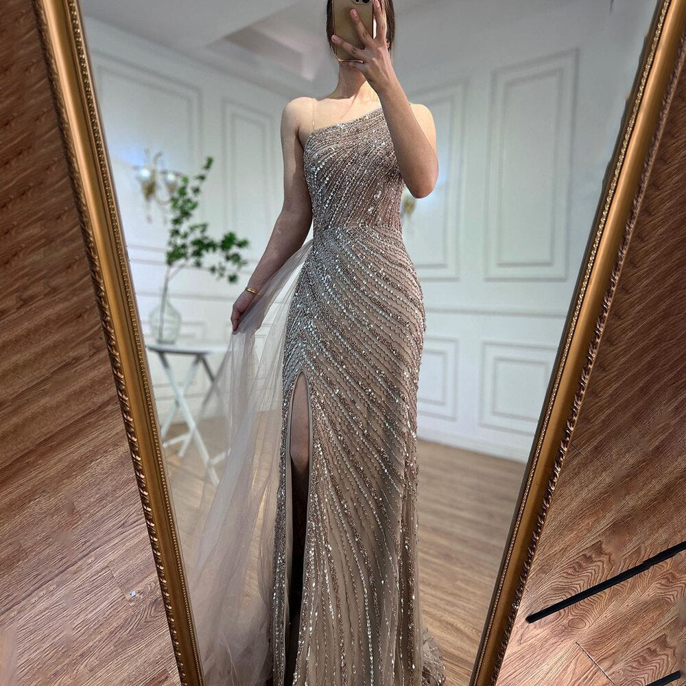 Seductive High Split Beaded Mermaid Evening Gown with One-Shoulder With Overskirt in Caramel Color for Women Party LA71371A - SERENE HILL