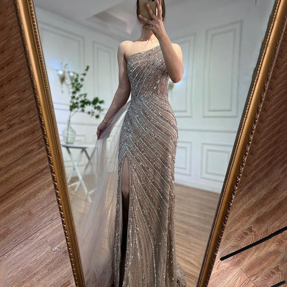 Seductive High Split Beaded Mermaid Evening Gown with One-Shoulder With Overskirt in Caramel Color for Women Party LA71371A - SERENE HILL