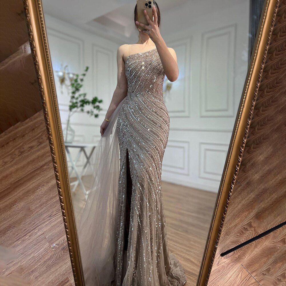 Seductive High Split Beaded Mermaid Evening Gown with One-Shoulder With Overskirt in Caramel Color for Women Party LA71371A - SERENE HILL