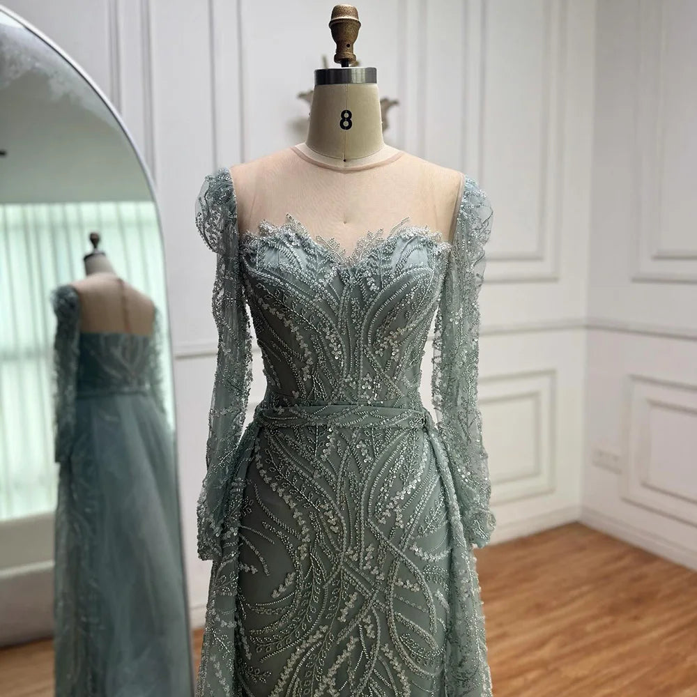 Luxury Sage Green Beaded Evening Dress with Detachable Overskirt LA73066 - SERENE HILL