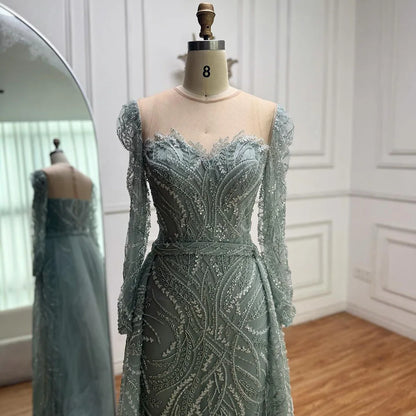 Luxury Sage Green Beaded Evening Dress with Detachable Overskirt LA73066 - SERENE HILL