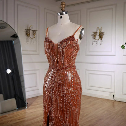 Orange Beaded Evening Dress with Slit Spaghetti Straps LA72542 - SERENE HILL