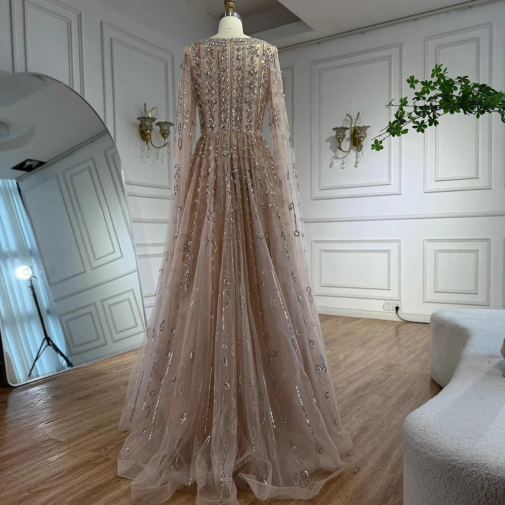 Luxury Nude Beaded Evening Dress with Cape Sleeves for Formal Occasion LA72764A - SERENE HILL