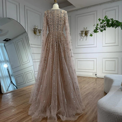 Luxury Nude Beaded Evening Dress with Cape Sleeves for Formal Occasion LA72764A - SERENE HILL