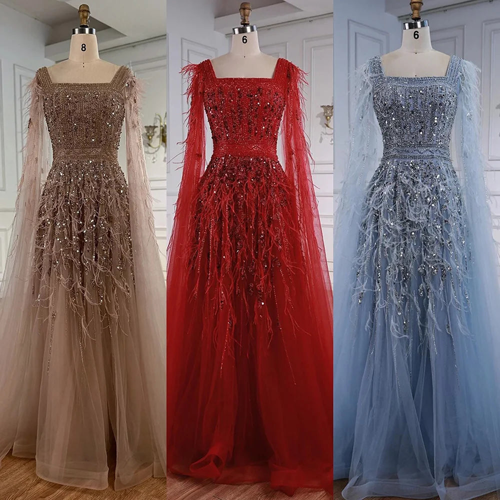 Elegant Blue Beaded Feather A-Line Evening Dress With Cape LA73043 - SERENE HILL