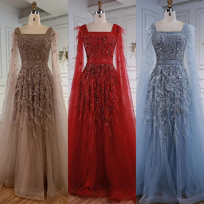 Elegant Blue Beaded Feather A-Line Evening Dress With Cape LA73043 - SERENE HILL