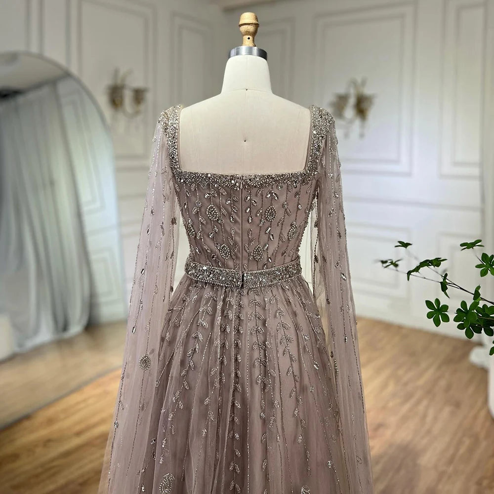 Caramel Beaded A-Line Evening Dress with Cape Sleeves LA71803A - SERENE HILL