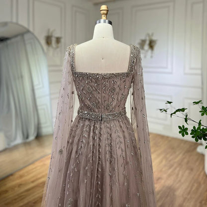 Caramel Beaded A-Line Evening Dress with Cape Sleeves LA71803A - SERENE HILL