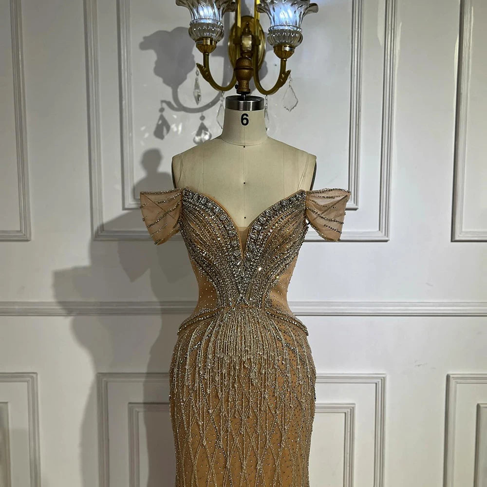 Saudi Arabic Off Shoulder Nude Beaded Tulle Mermaid Evening Gown LA72854 - SERENE HILL