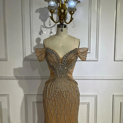 Saudi Arabic Off Shoulder Nude Beaded Tulle Mermaid Evening Gown LA72854 - SERENE HILL