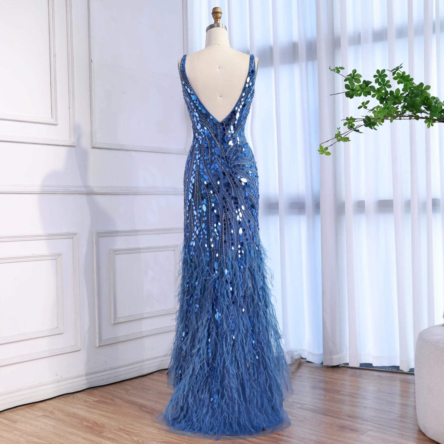 Luxury Blue Beaded Feather Mermaid Evening Dress LA73369 - SERENE HILL