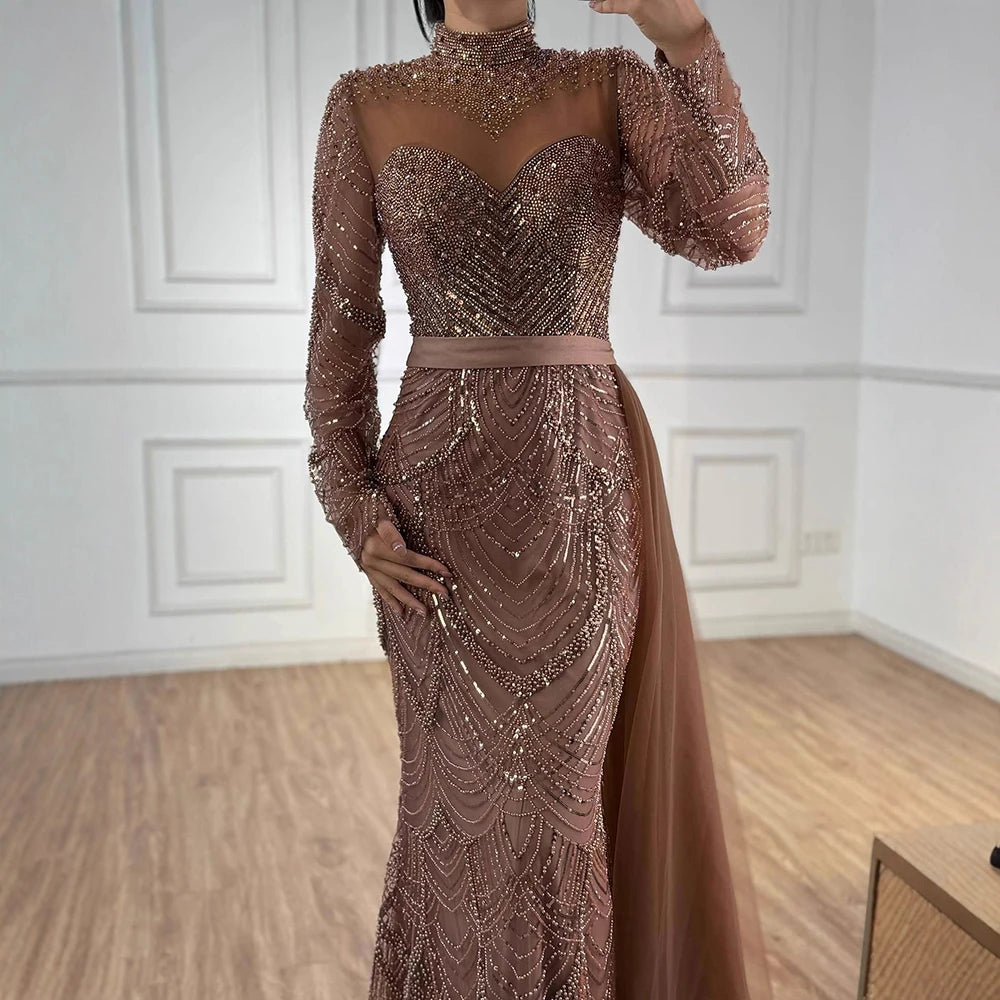 Luxury Brown Beaded Mermaid Evening Dress with Side Overskirt LA71913A - SERENE HILL