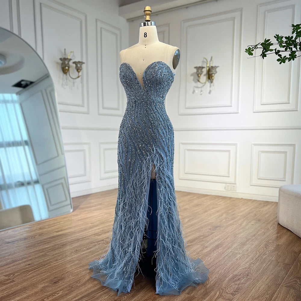 Luxury Blue Feather Beaded Evening Dress with Side Skirt LA72695 - SERENE HILL