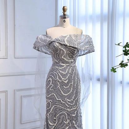 Luxury Gray Sequin Evening Dress with Cape Sleeves LA73125B - SERENE HILL