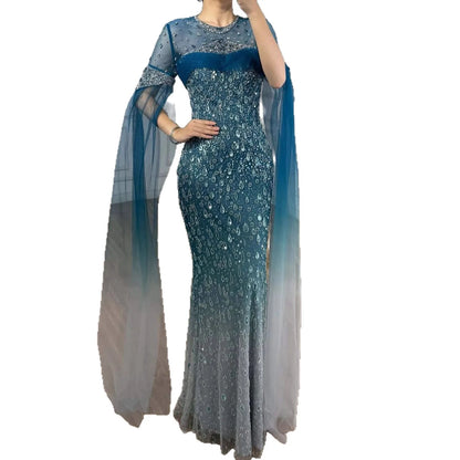 Luxury Arabic Gradient Green Mermaid Evening Dress With Cape LA73414 - SERENE HILL