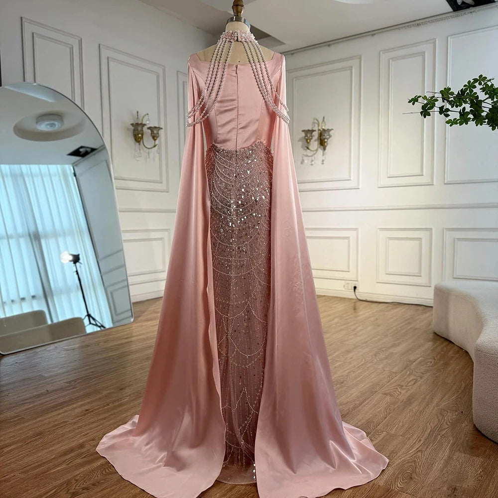 Luxury Arabic Pearls Pink Evening Dress with Cape LA73051 - SERENE HILL