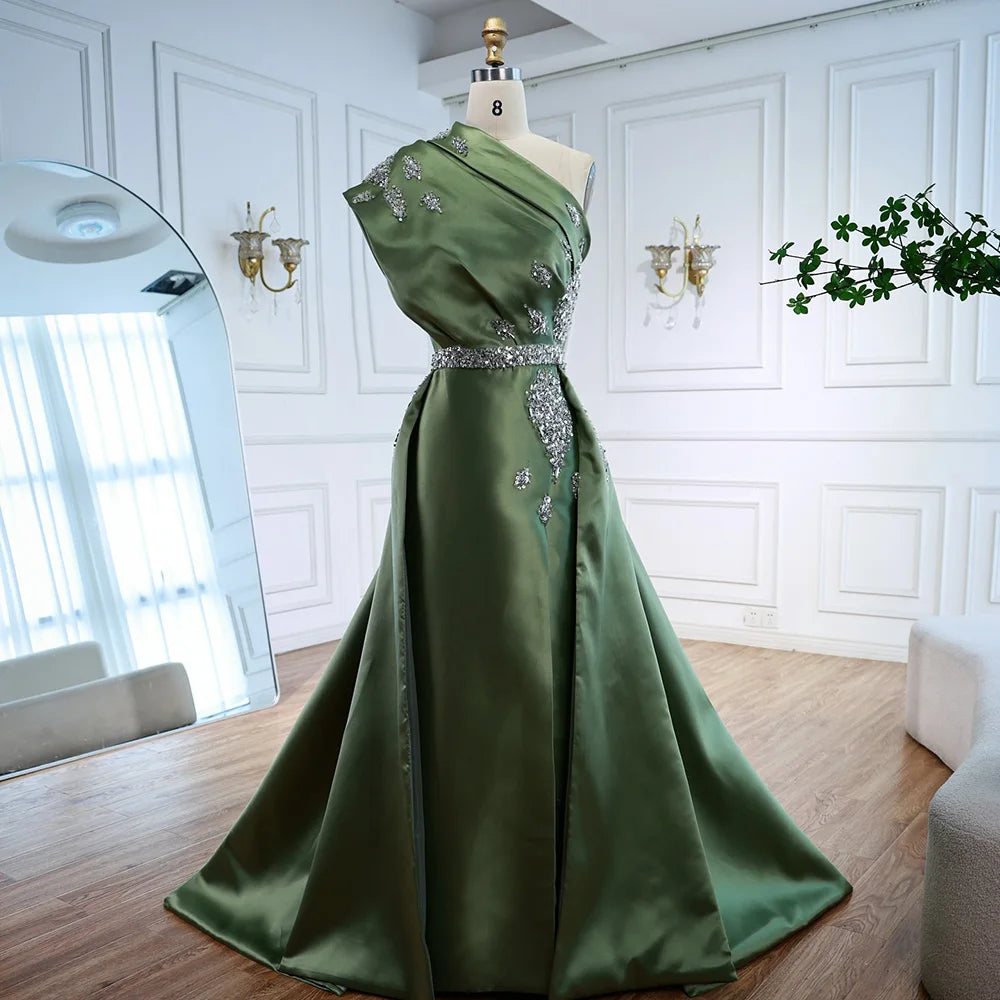 Luxury Dark Green Satin Beaded One Shoulder Evening Dress LA72845 - SERENE HILL