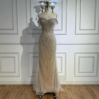 Luxury Nude Beaded Feather Mermaid Evening Dress Dubai Style LA72818 - SERENE HILL