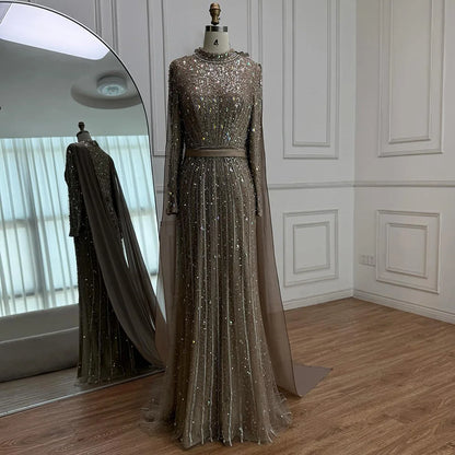 Modest Luxury Caramel Beaded Long Sleeve Evening Dress LA72569A - SERENE HILL