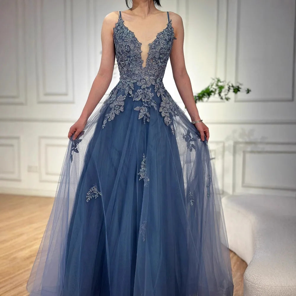 Luxury Sage Green Lace A-Line Prom Dress with Spaghetti Straps LA73005 - SERENE HILL