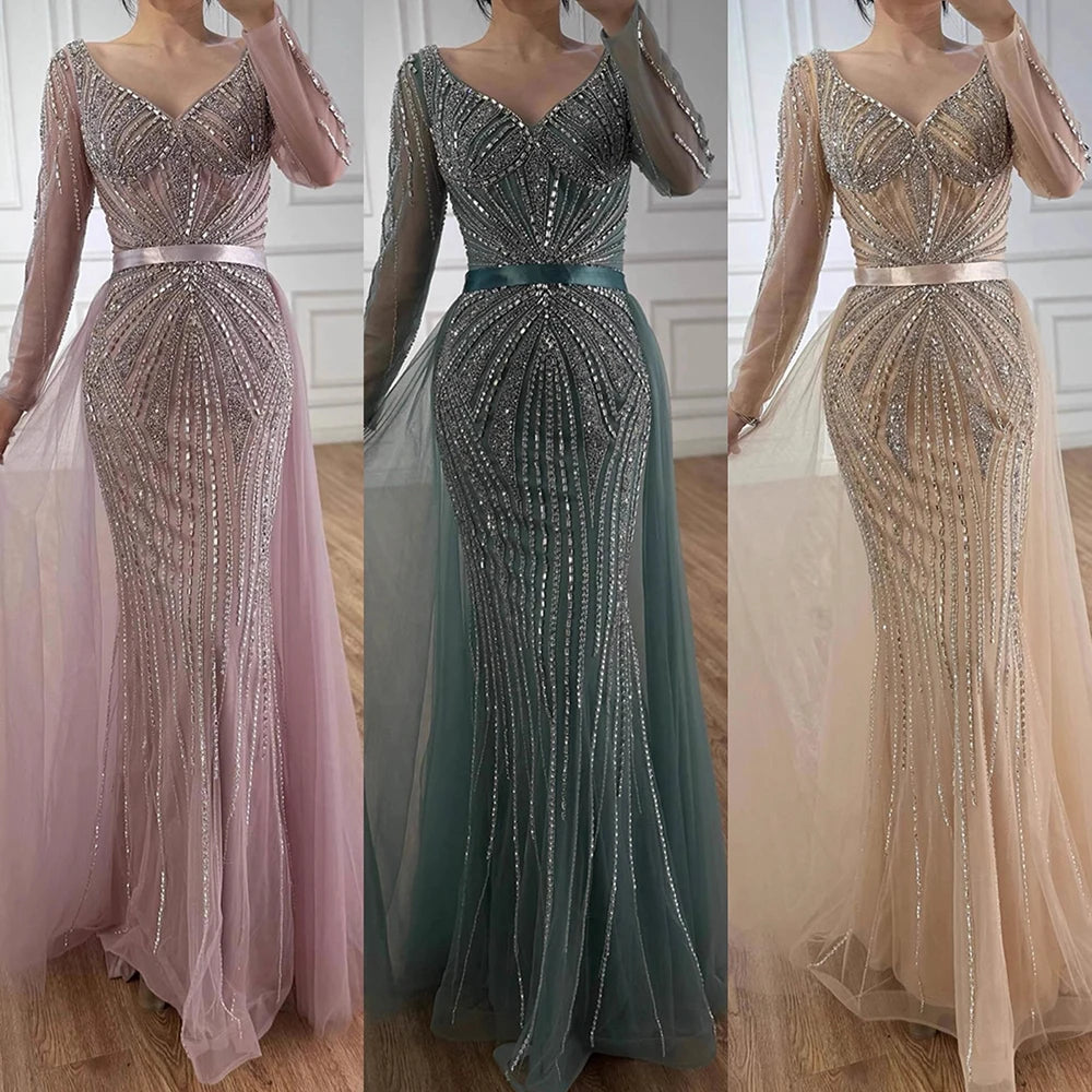 Luxury Nude Beaded Evening Dress with Detachable Overskirt LA73156 - SERENE HILL