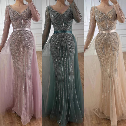 Luxury Nude Beaded Evening Dress with Detachable Overskirt LA73156 - SERENE HILL