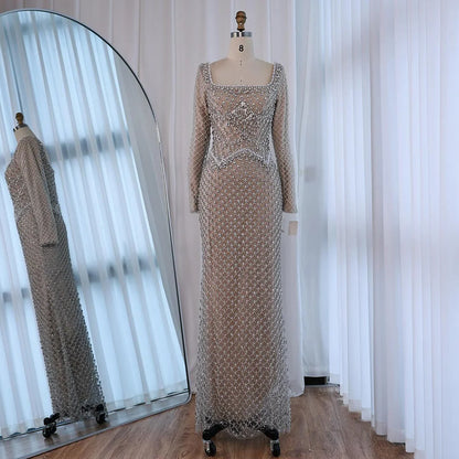 Modest Pearl Beaded Mermaid Evening Dress with Long Sleeves LA72919A - SERENE HILL