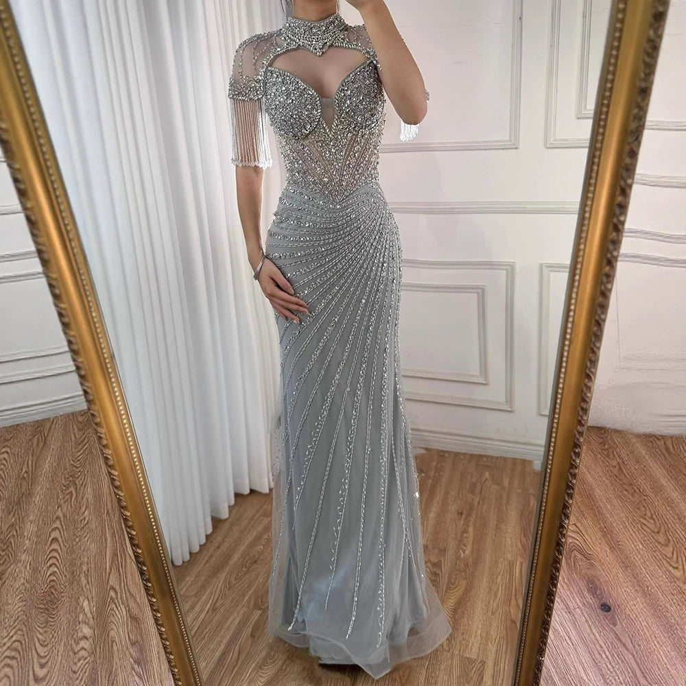 Luxury Pink Beaded Tassel Mermaid Evening Dress Long Gown LA73184 - SERENE HILL